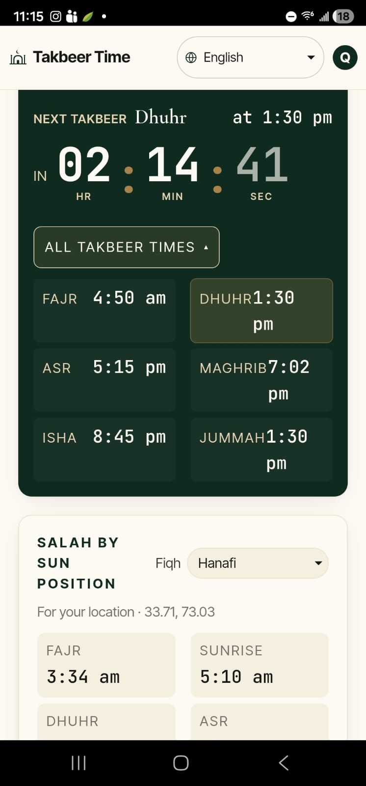 Takbeer Time app showing all takbeer times and salah by sun position