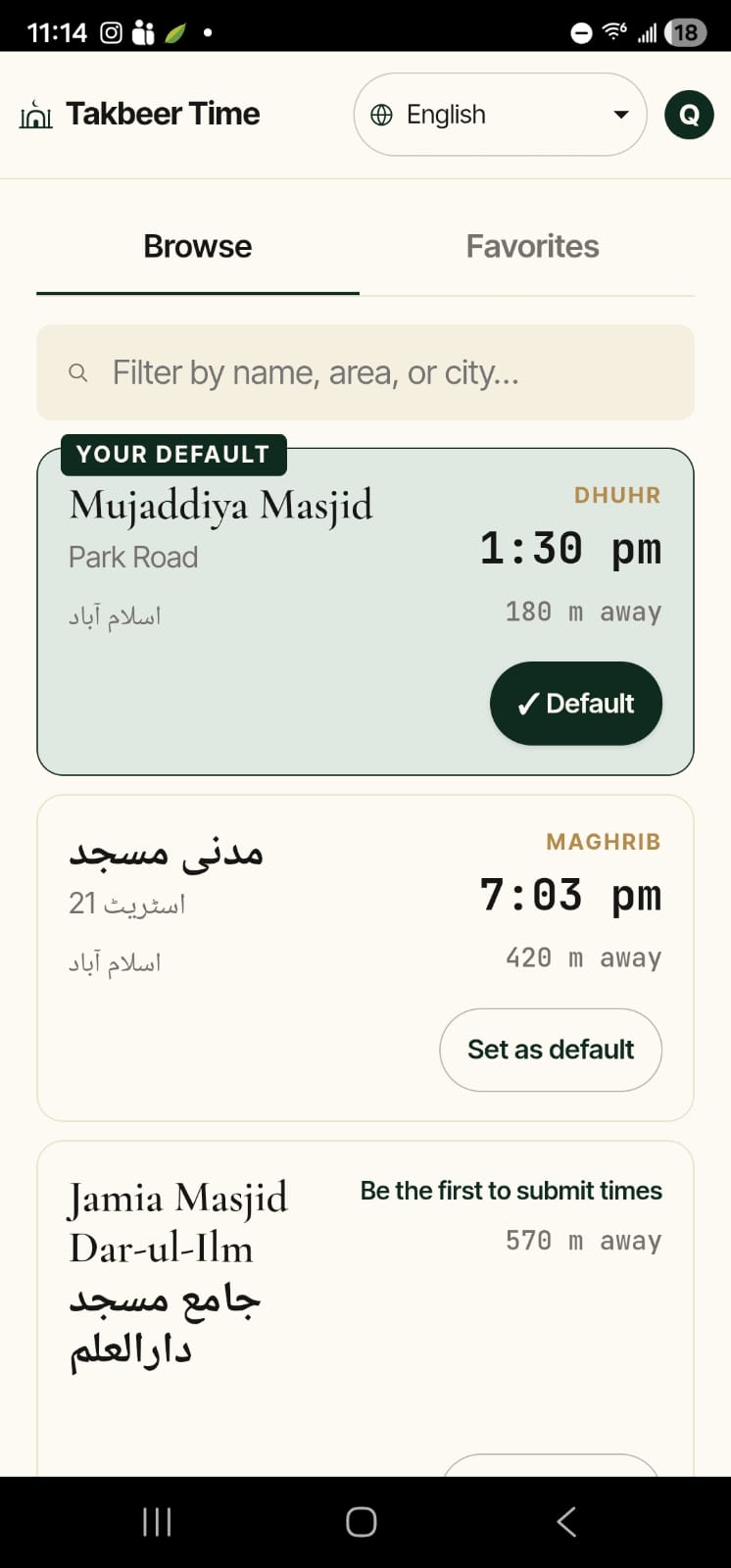 Takbeer Time directory showing browse and favorites tabs with masjid cards