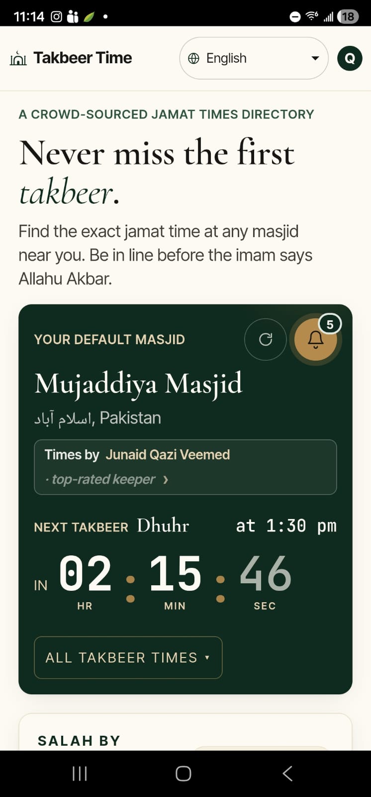 Takbeer Time home screen showing a default masjid and next takbeer countdown
