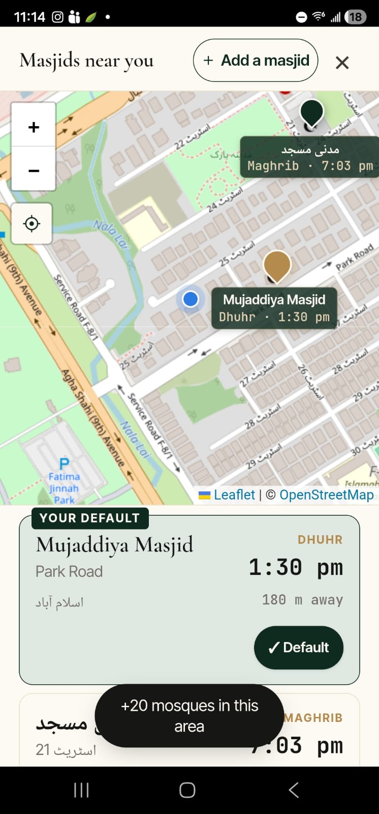 Takbeer Time map showing nearby masjids for people searching Jumma near me