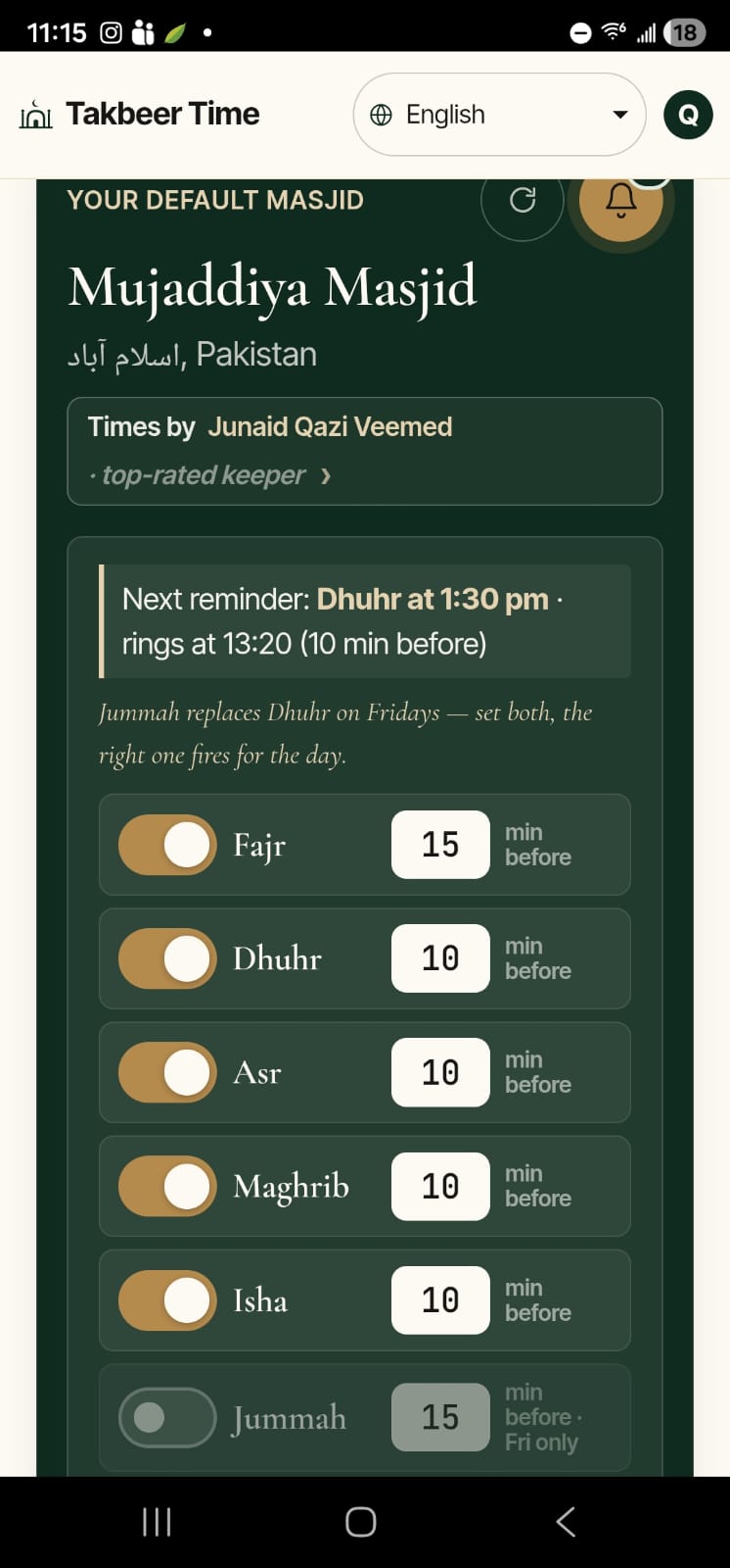 Takbeer Time reminders for Fajr, Dhuhr, Asr, Maghrib, Isha, and Jummah