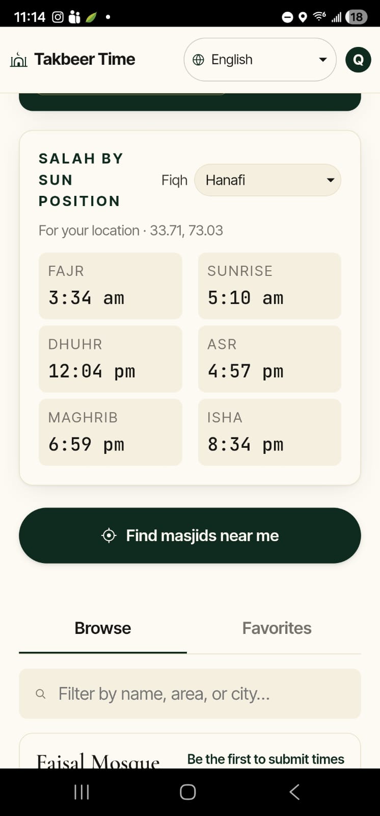 Takbeer Time app showing sun-position salah times above the masjid directory